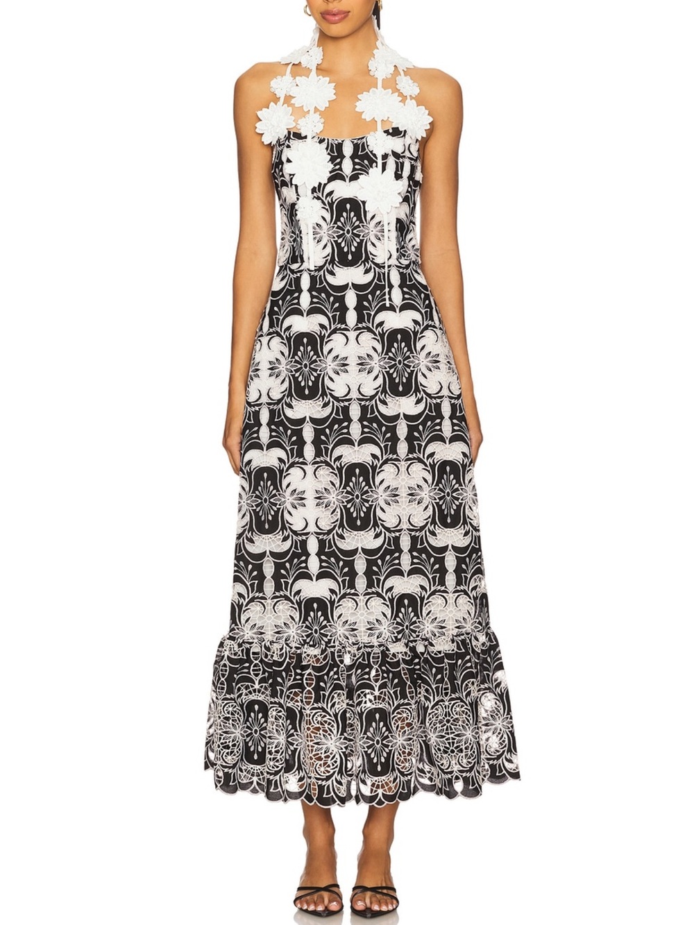 Elliatt Embroidered Midi Dress in Black & White Size Large NWT